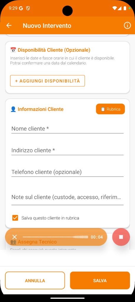 Dettatura vocale in corso — Nuovo Intervento